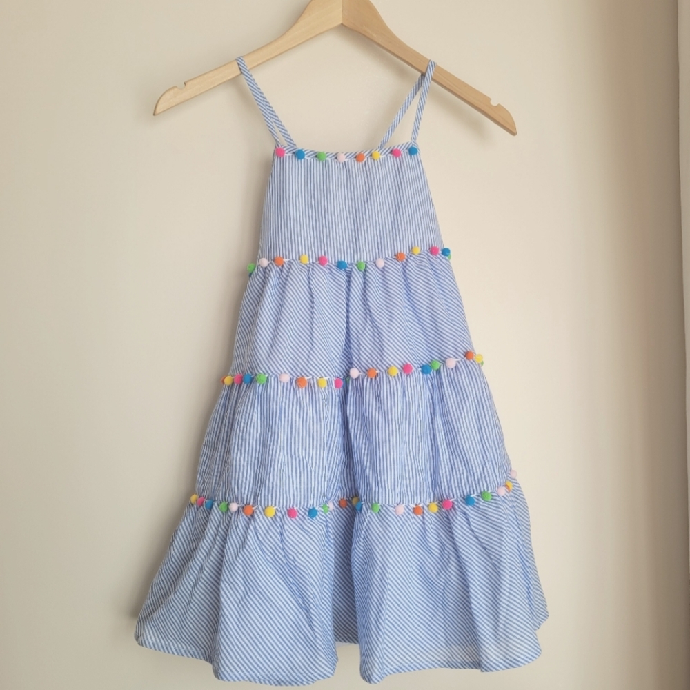 NEW Tommy Bahama Rainbow Pom Pom Smocked Blue & white Pinstripe Dress Girls 4/5